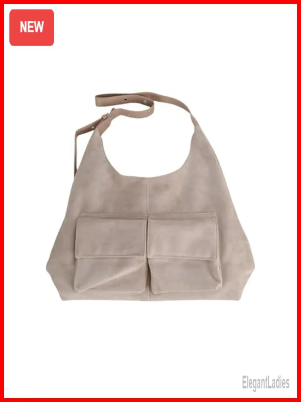 Faux Suede Tote Bag with Double Magnetic Snap Closure - Hobo Shoulder Bag